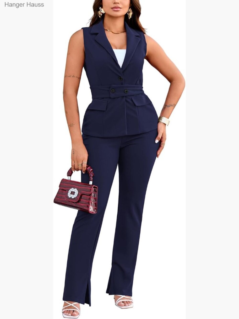 Women's 2 Piece Pantsuit Set Sleeveless Vest Slit Pants Business Casual